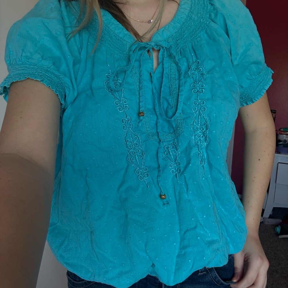 dressbarn Teal Embroidered Blouse